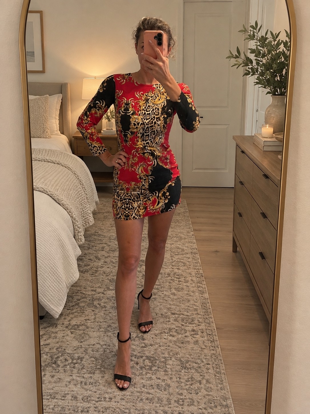 Red & Black Baroque Print Long-Sleeve Mini Dress